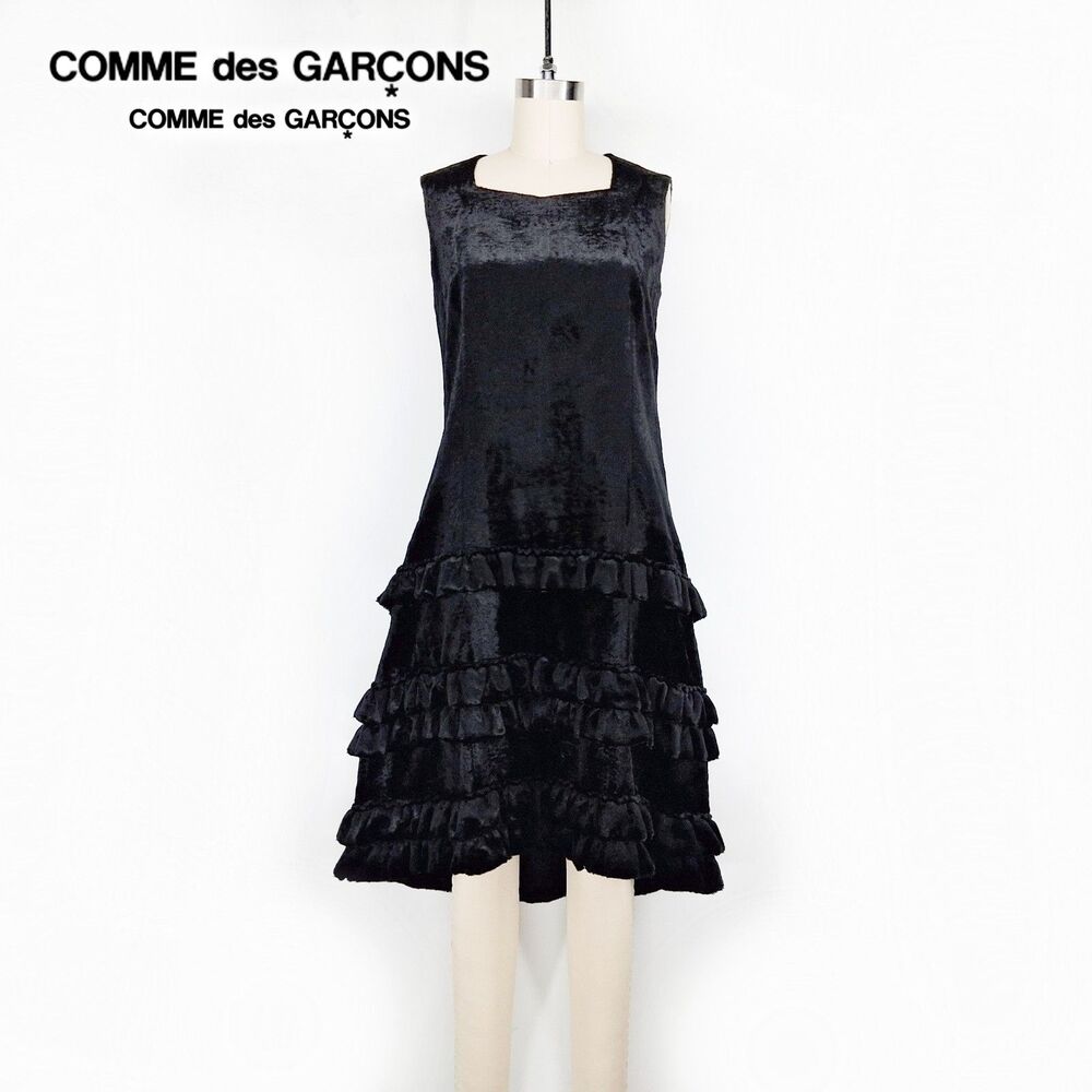 Comme Des Garcons Archive Black Sheath Dress Faux Fur Sleeveless Ruffles Midi S